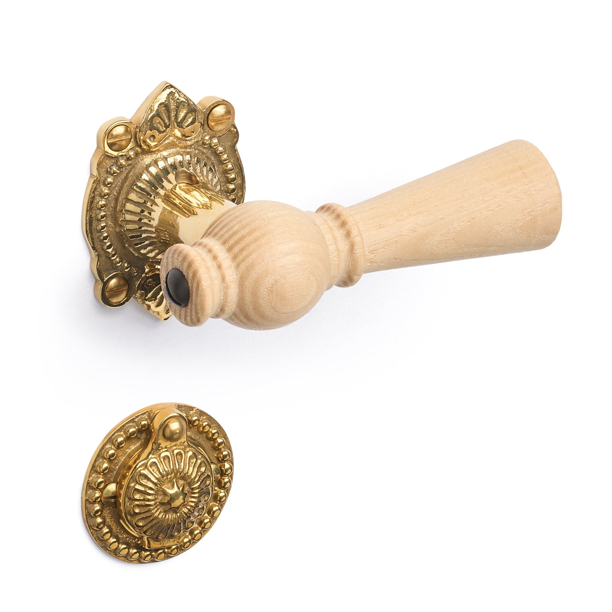 Østerbro | Dørhåndtag i Asketræ med almue rosetter og nøgleskilte i Blank Messing uden Lak L 111 mm (C/C 30 mm) Sibes ØB-AS-1670-MPU FINICC
