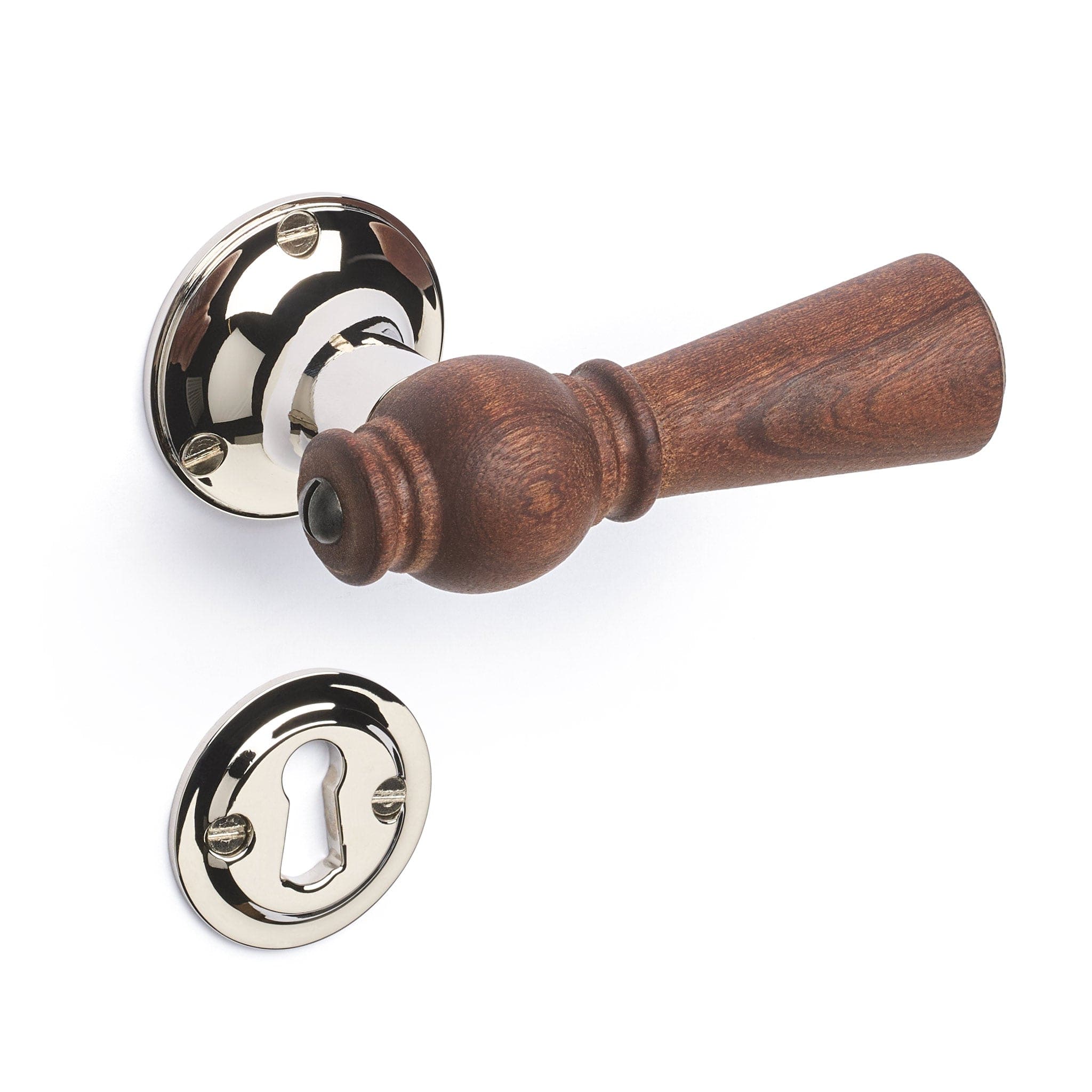 Østerbro | Dørhåndtag i Mahogni med klassiske rosetter og nøgleskilte i Blank Nikkel L 111 mm (C/C 30 mm) Sibes ØB-MA-1770-NI FINICC