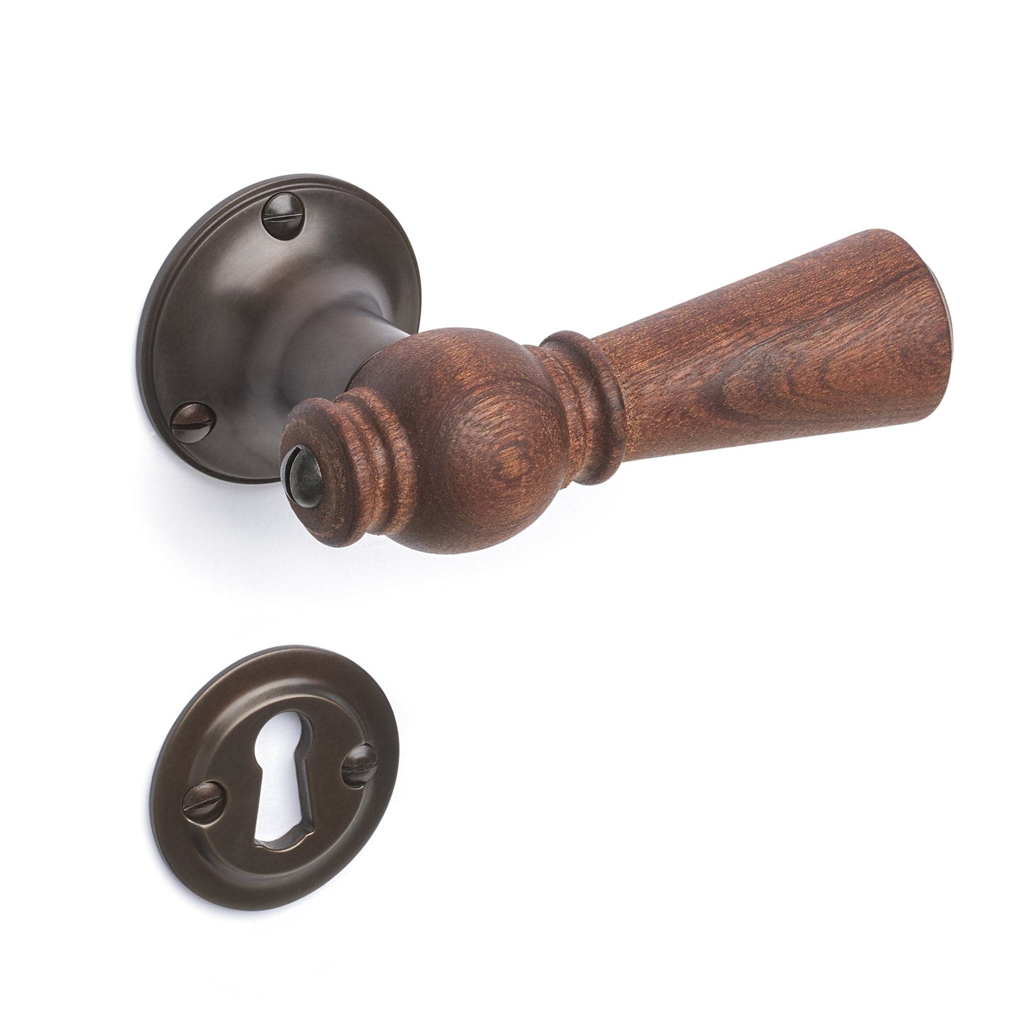 Østerbro | Dørhåndtag i Mahogni med klassiske rosetter og nøgleskilte i Bruneret Messing L 111 mm (C/C 30 mm) Sibes ØB-MA-1770-BB FINICC