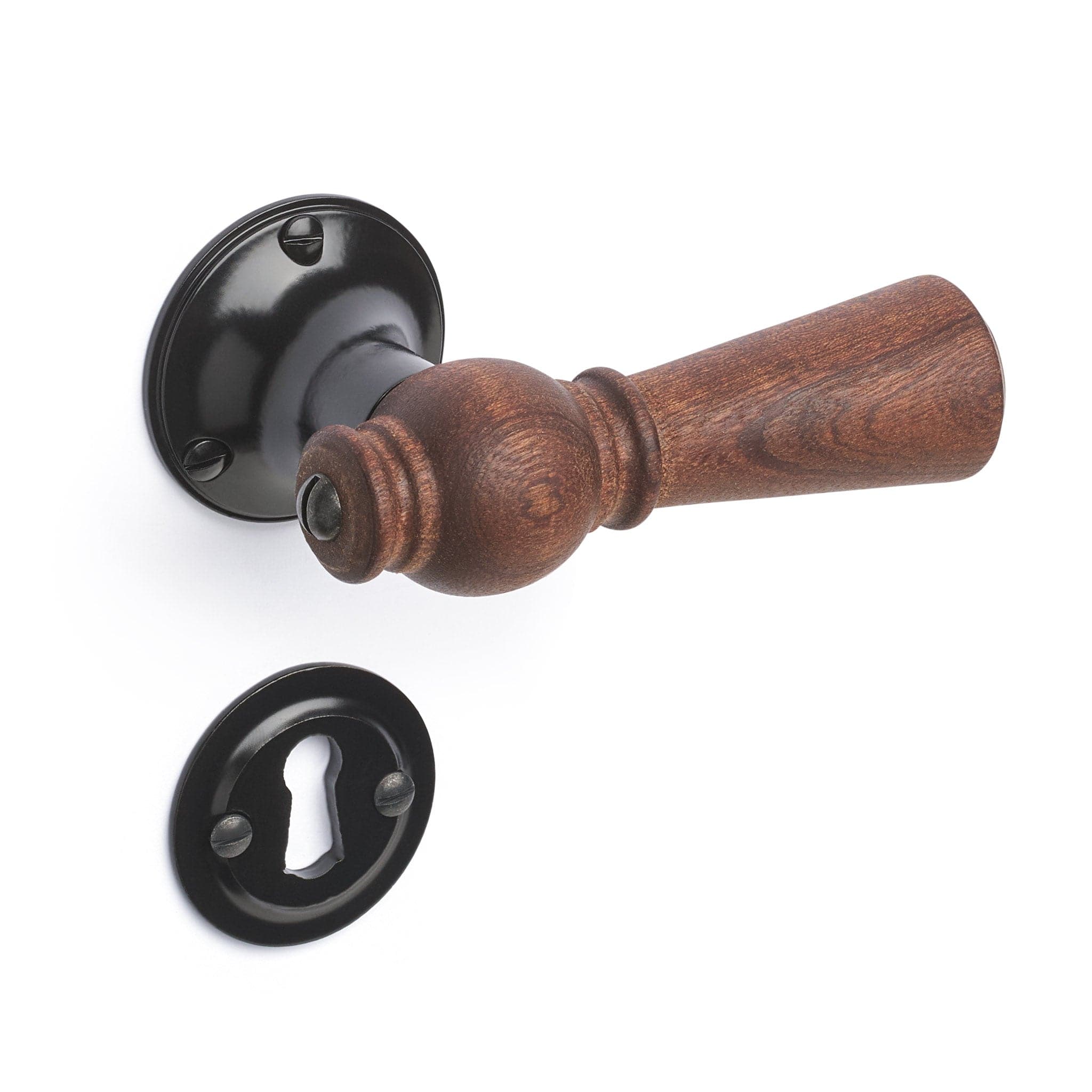 Østerbro | Dørhåndtag i Mahogni med klassiske rosetter og nøgleskilte i Sortlakeret Messing L 111 mm (C/C 30 mm) Sibes ØB-MA-1770-SO FINICC