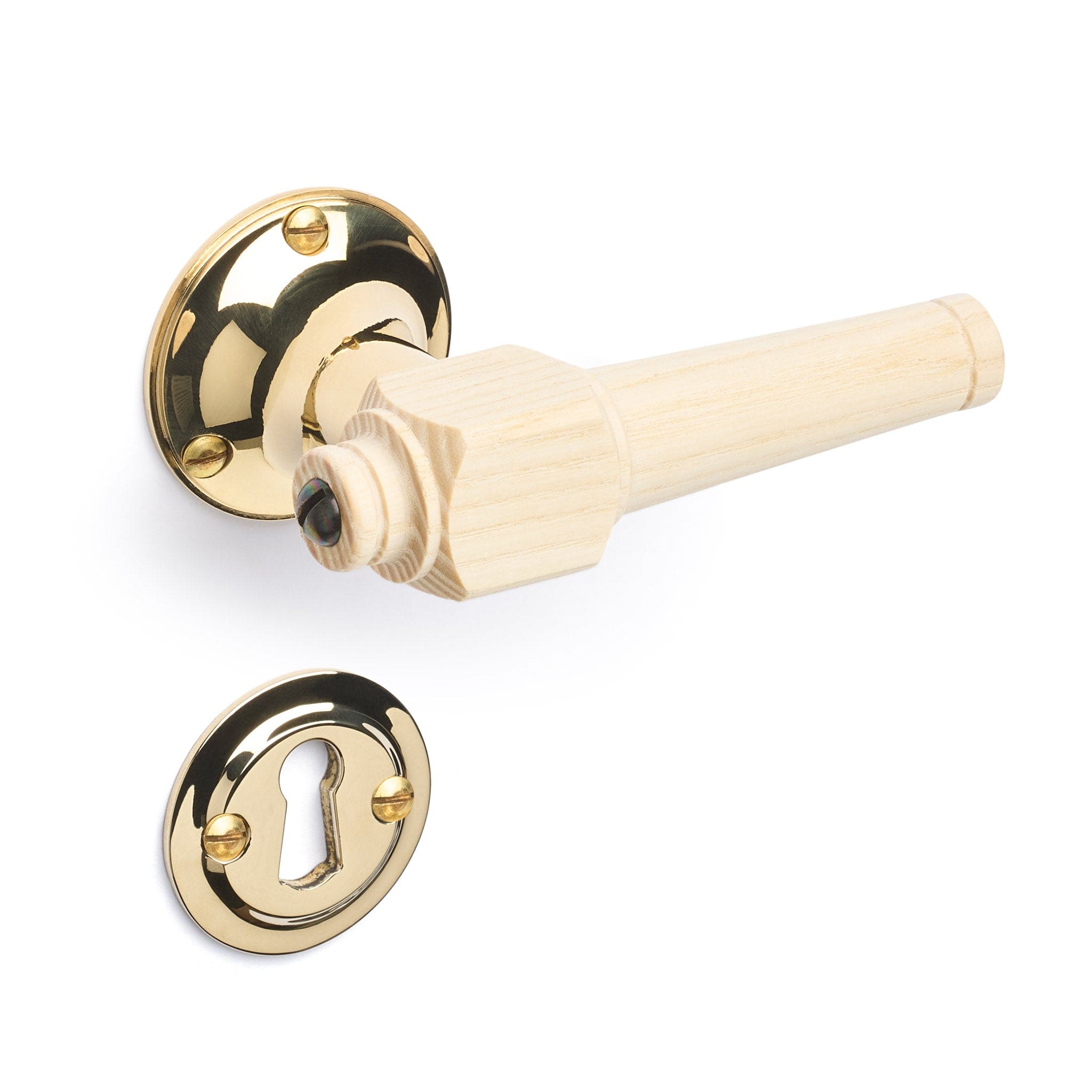 Svanemølle | Dørhåndtag i Asketræ med klassiske rosetter og nøgleskilte i Blank Messing uden Lak L 111 mm (C/C 30 mm) Sibes SM-AS-1770-MPU FINICC