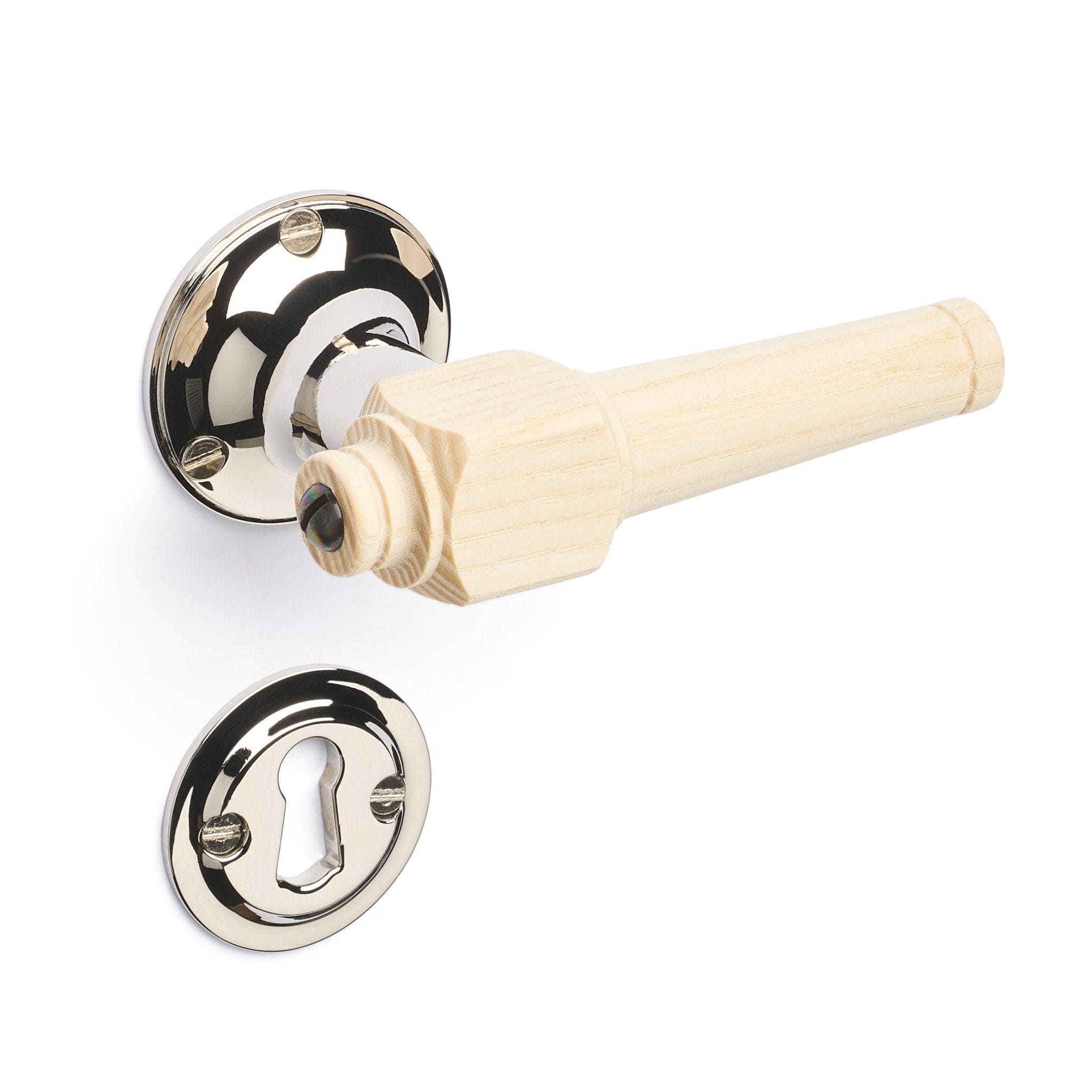 Svanemølle | Dørhåndtag i Asketræ med klassiske rosetter og nøgleskilte i Blank Nikkel L 111 mm (C/C 30 mm) Sibes SM-AS-1770-NI FINICC