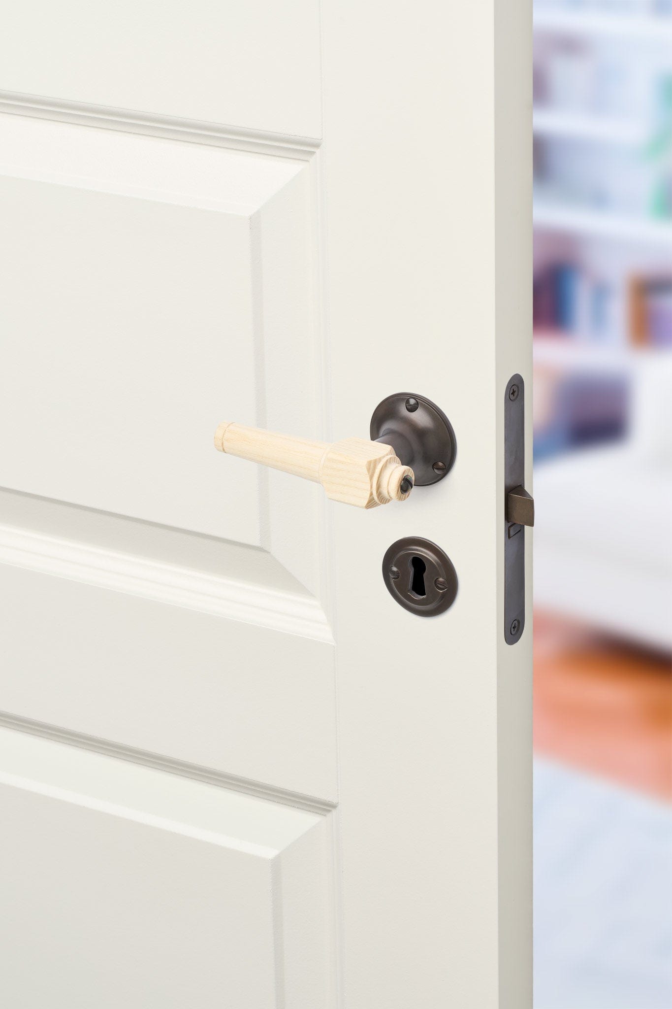 Svanemølle | Dørhåndtag i Asketræ med klassiske rosetter og nøgleskilte i Bruneret Messing L 111 mm (C/C 30 mm) Sibes SM-AS-1770-BB FINICC