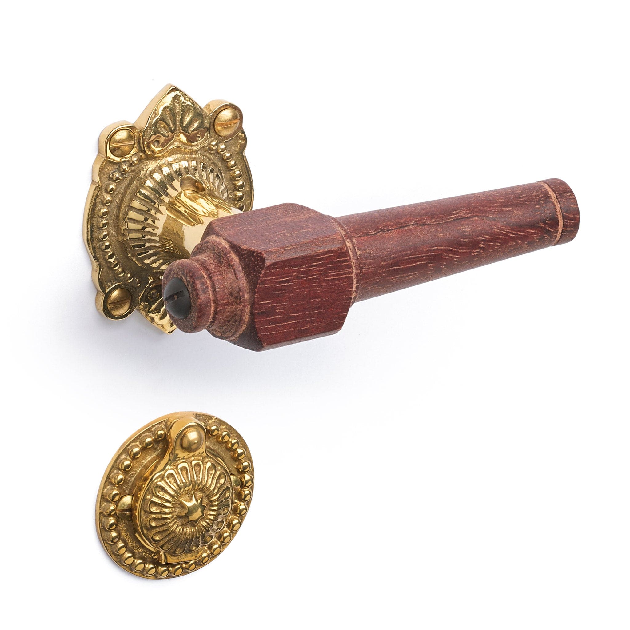 Svanemølle | Dørhåndtag i Mahogni træ med almue rosetter og nøgleskilte i Blank Messing uden Lak L 111 mm (C/C 30 mm) Sibes SM-MA-1670-MPU FINICC