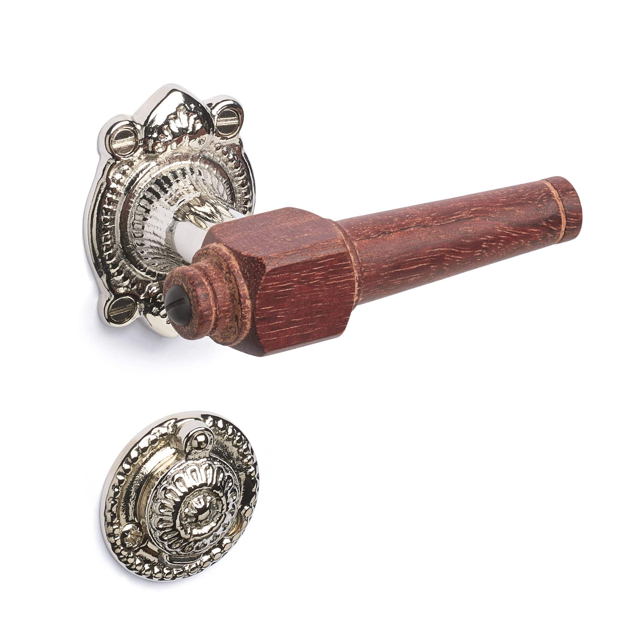 Svanemølle | Dørhåndtag i Mahogni træ med almue rosetter og nøgleskilte i Blank Nikkel L 111 mm (C/C 30 mm) Sibes SM-MA-1670-NI FINICC