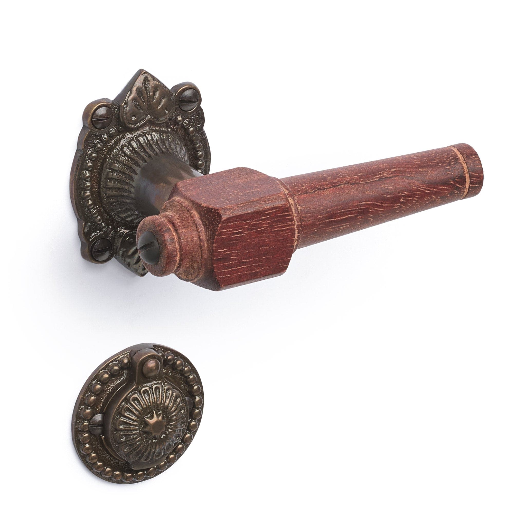 Svanemølle | Dørhåndtag i Mahogni træ med almue rosetter og nøgleskilte i Bruneret Messing L 111 mm (C/C 30 mm) Sibes SM-MA-1670-BB FINICC
