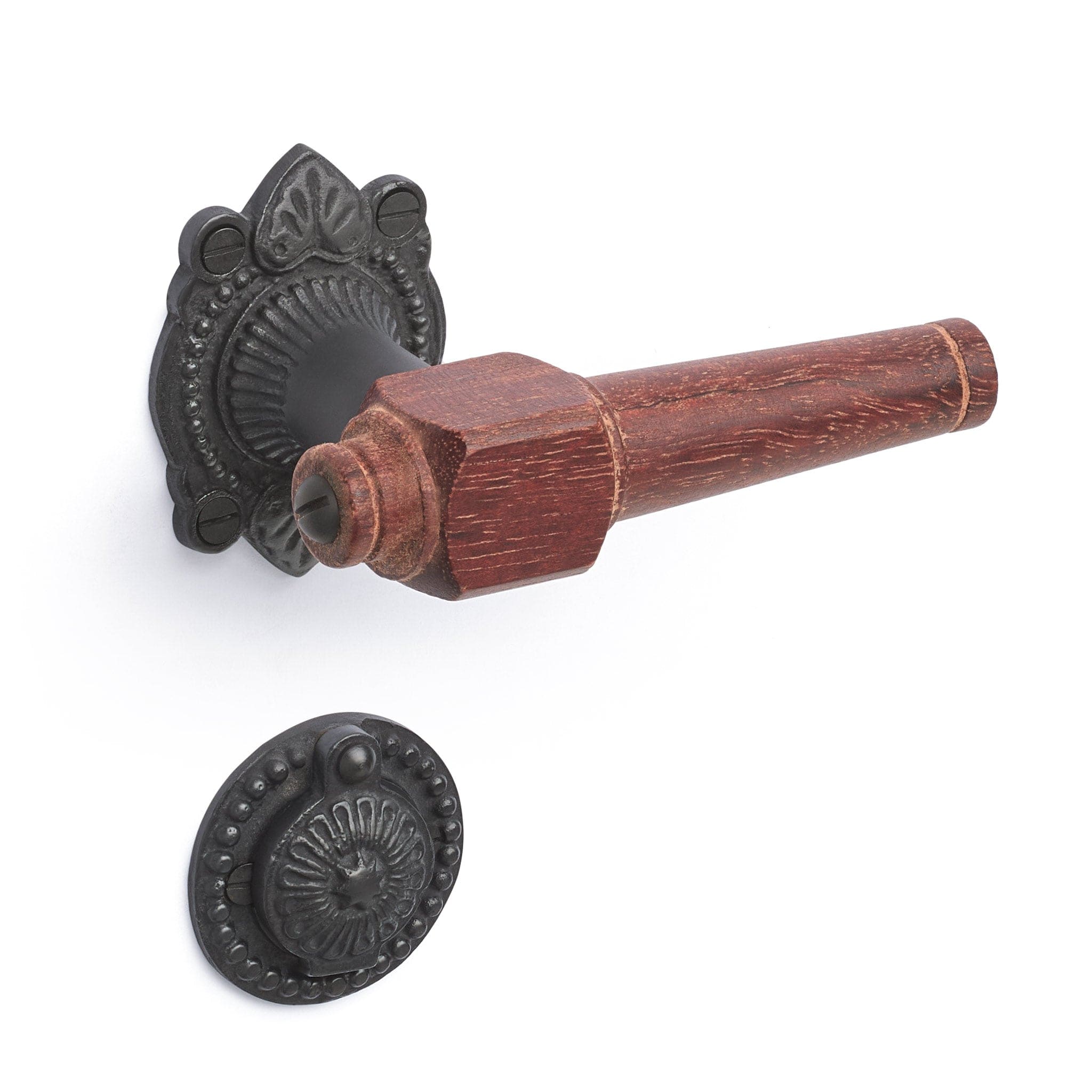 Svanemølle | Dørhåndtag i Mahogni træ med almue rosetter og nøgleskilte i Sort Oxideret Messing L 111 mm (C/C 30 mm) Sibes SM-MA-1670-OX FINICC