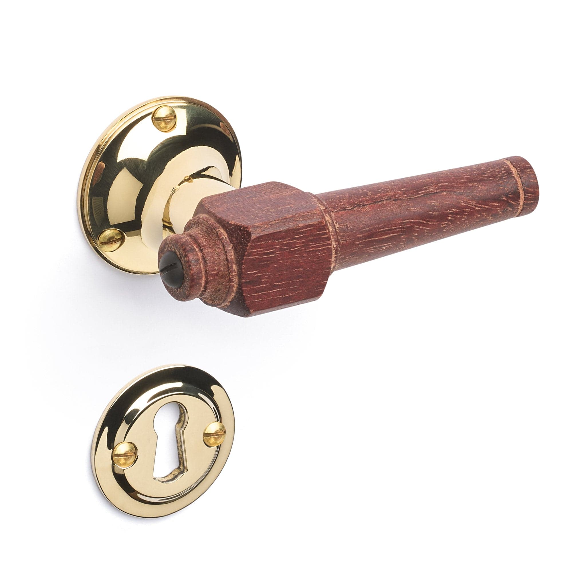 Svanemølle | Dørhåndtag i Mahogni træ med klassiske rosetter og nøgleskilte i Blank Messing uden Lak L 111 mm (C/C 30 mm) Sibes SM-MA-1770-MPU FINICC