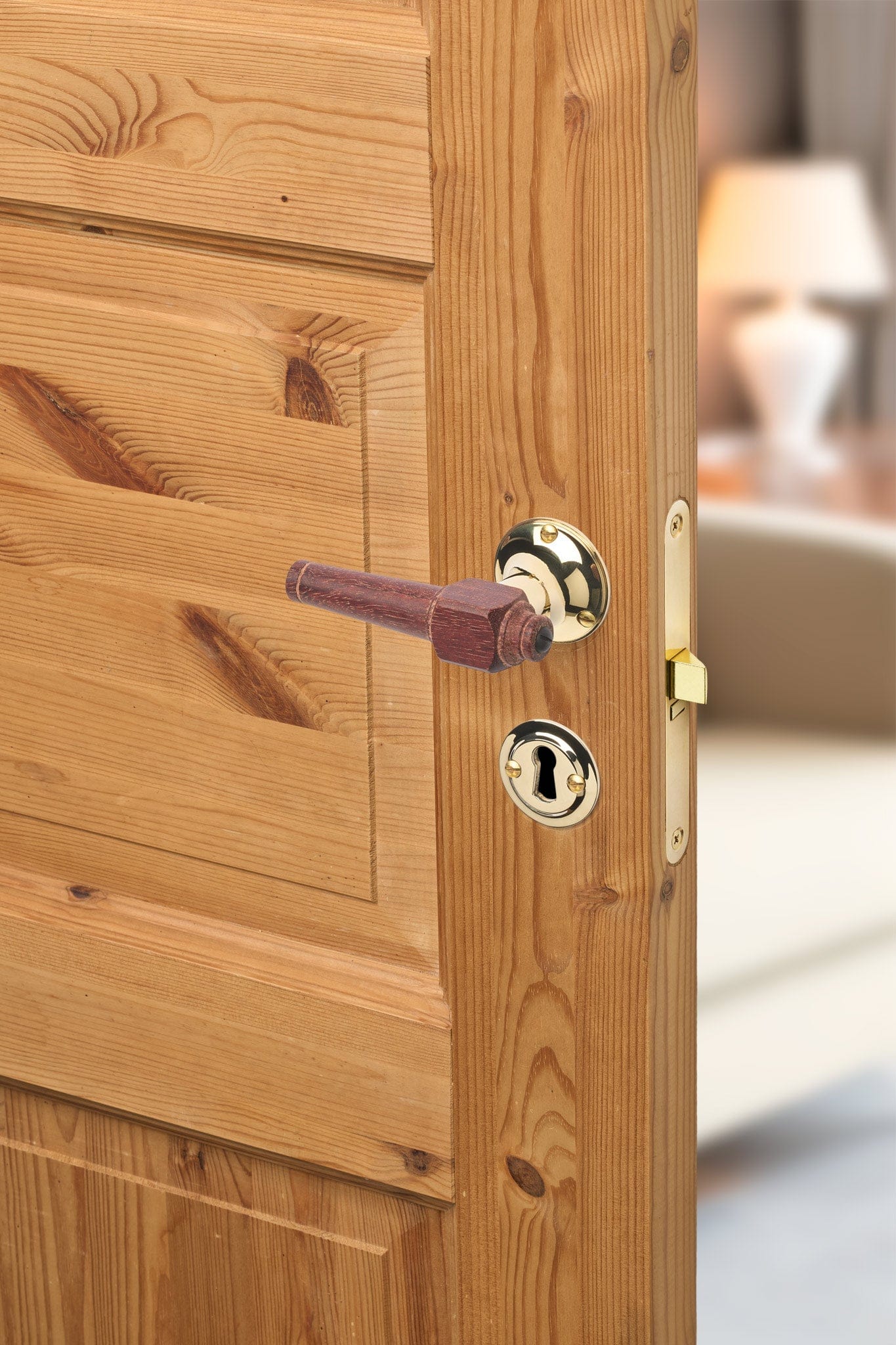 Svanemølle | Dørhåndtag i Mahogni træ med klassiske rosetter og nøgleskilte i Blank Messing uden Lak L 111 mm (C/C 30 mm) Sibes SM-MA-1770-MPU FINICC