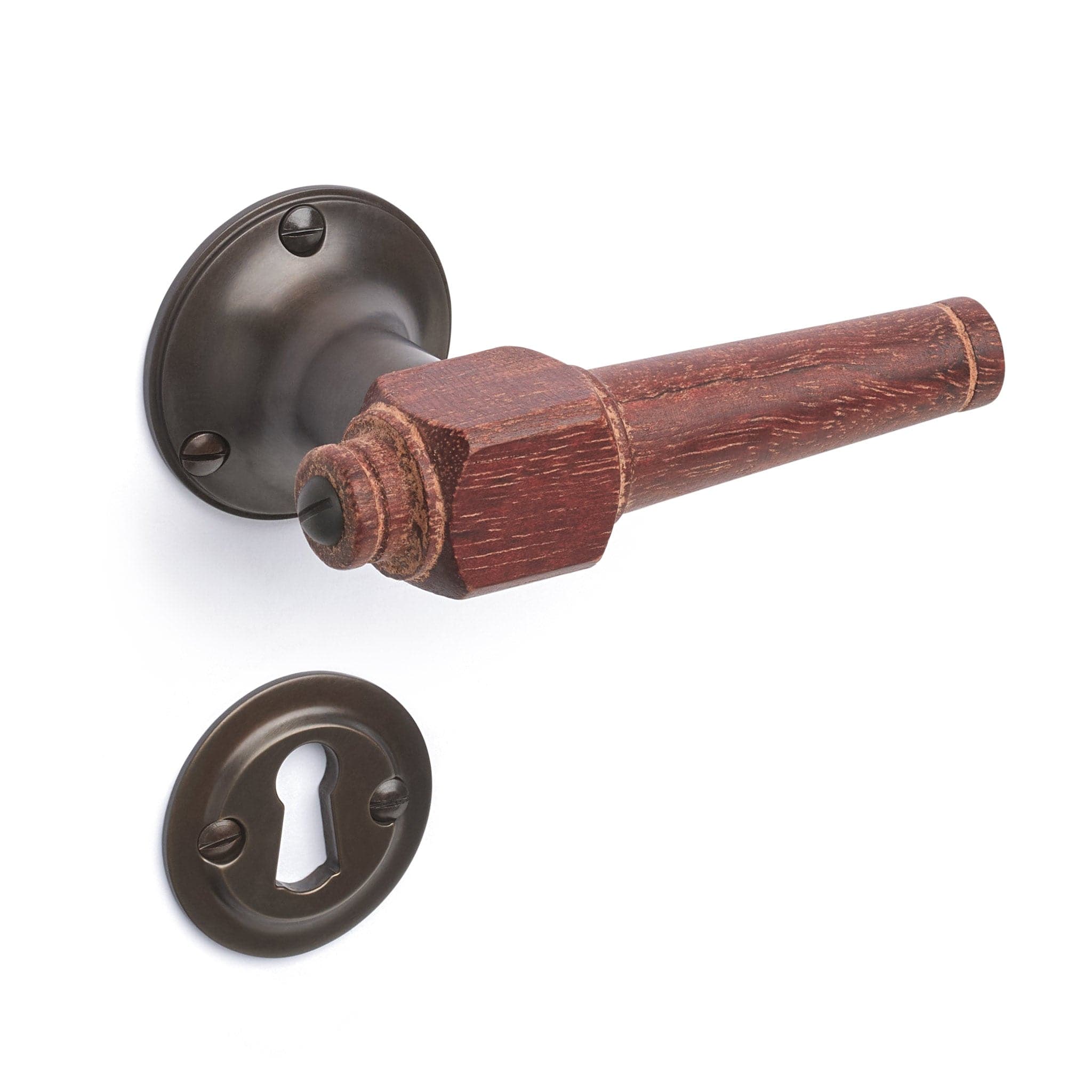 Svanemølle | Dørhåndtag i Mahogni træ med klassiske rosetter og nøgleskilte i Bruneret Messing L 111 mm (C/C 30 mm) Sibes SM-MA-1770-BB FINICC